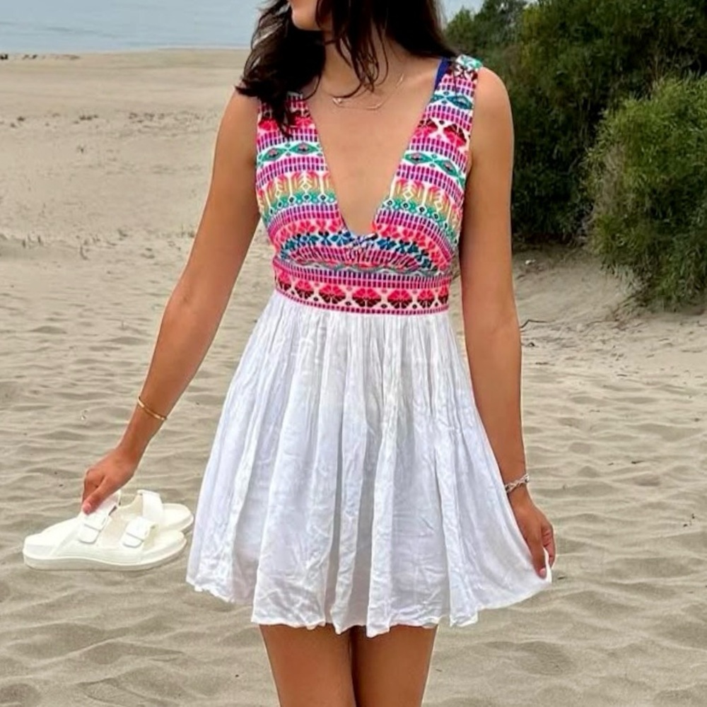 Atmosphere White/ Colorful Sundress w/  Embroidered top & adjustable tie-back